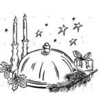 Illustratie van een feestelijk gedekte tafel met een stolp, twee brandende kaarsen, hulst, een dennetak en een cadeautje, ter promotie van het huiselijke kerstmenu van VERS — bij ons of bij jou thuis.