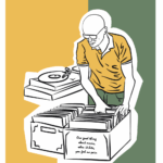 DJ Marcel bladert door bakken vol lp’s naast zijn draaitafel en kiest het volgende VERSe geluid, in de herkenbare gele en groene VERS-kleuren—warm, uitnodigend en helemaal in de sfeer van onze vinylavond.